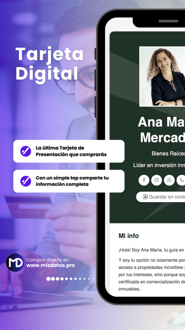 Ejemplo de tarjeta de presentación digital MisDatos en un teléfono
