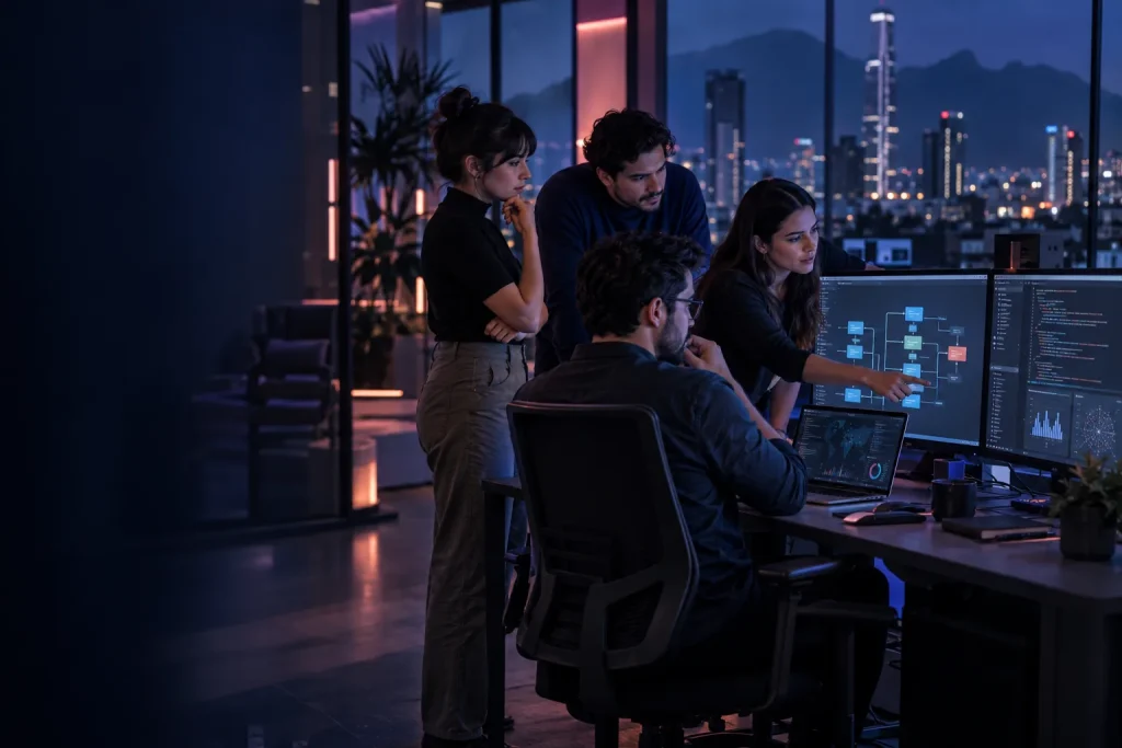 Equipo de ingeniería revisando la arquitectura de una plataforma de software