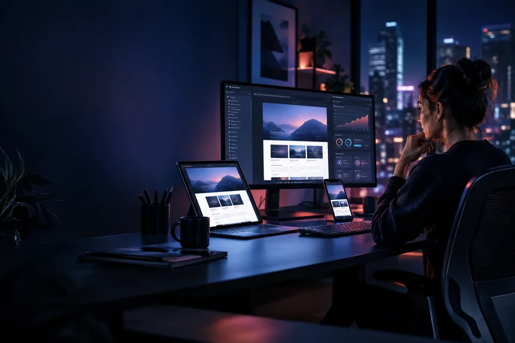 Ingeniera revisando un sitio responsivo y métricas de rendimiento web