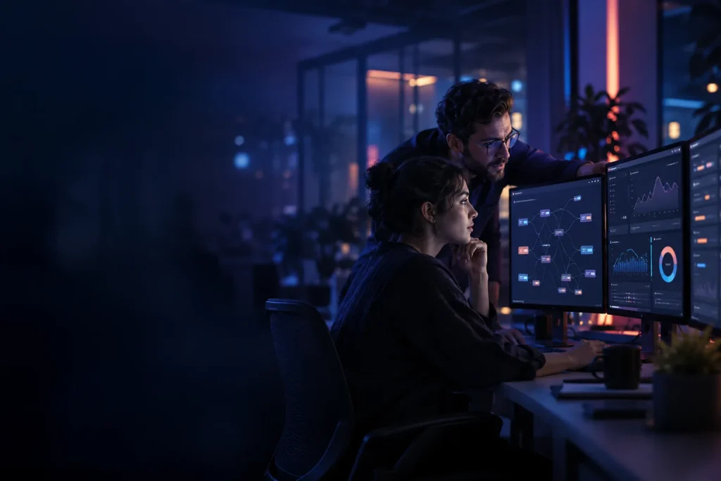 Especialistas analizando flujos de inteligencia artificial y automatización