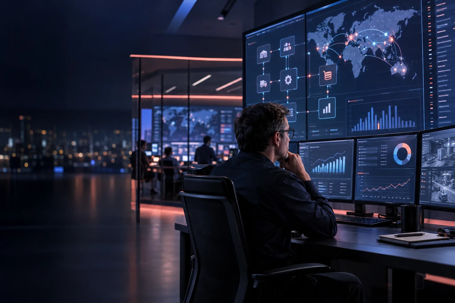 Arquitecto de sistemas revisando módulos y datos de una operación empresarial
