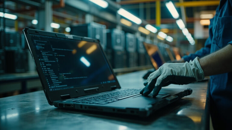 Técnico con guantes inspecciona un portátil abierto sobre una mesa de acero en una línea de fabricación, con las luces de la planta al fondo.